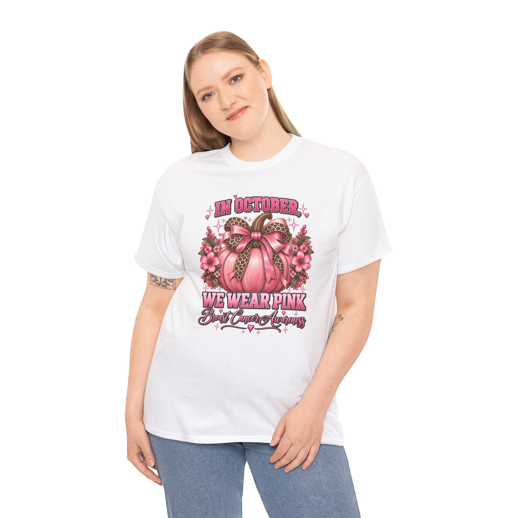 Breast Cancer Awareness T-Shirt — "In October We Wear Pink" Pumpkin Design