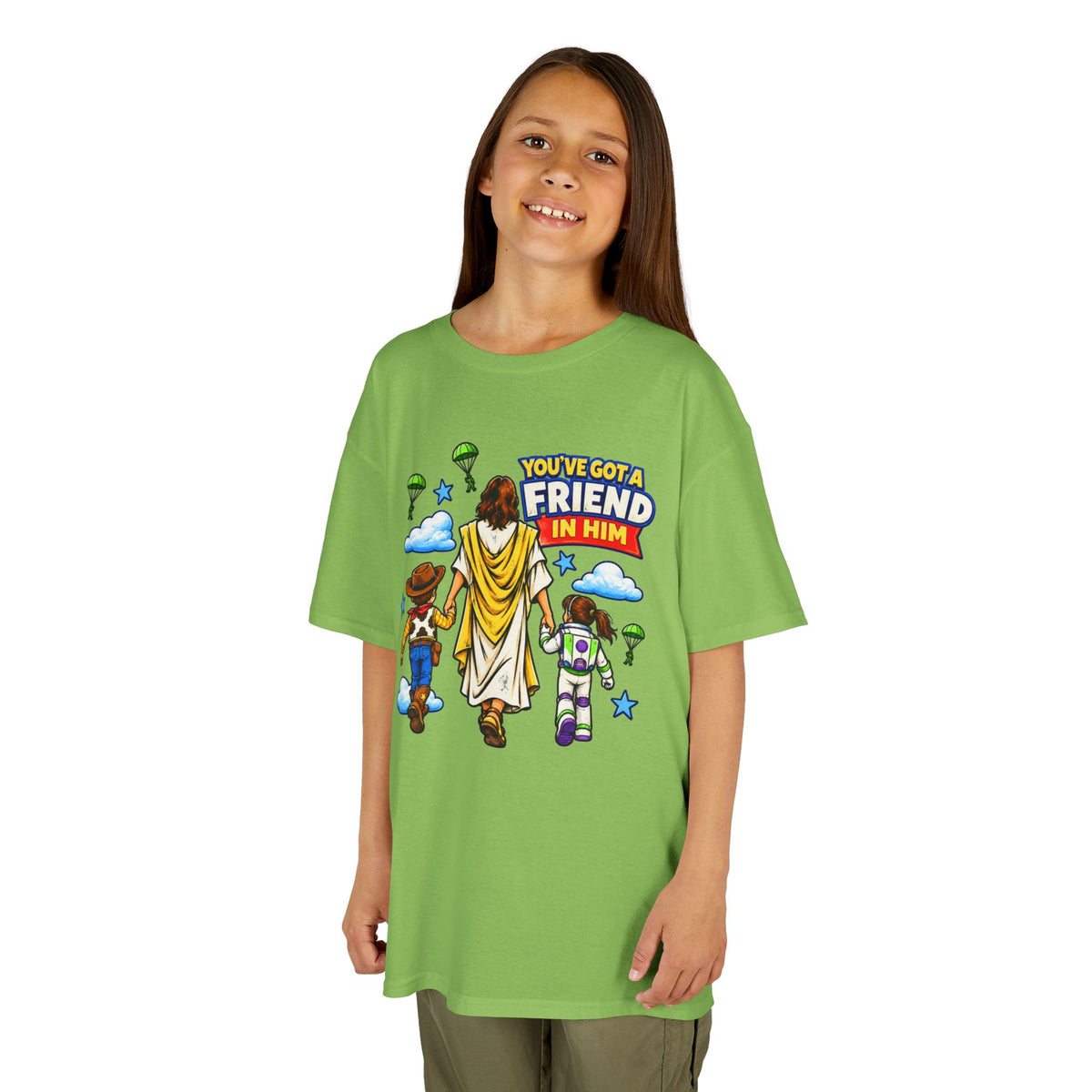 Kids Tee — "You've Gotta Friend in Him" Inspirational Jesus & Toy Friends Graphic