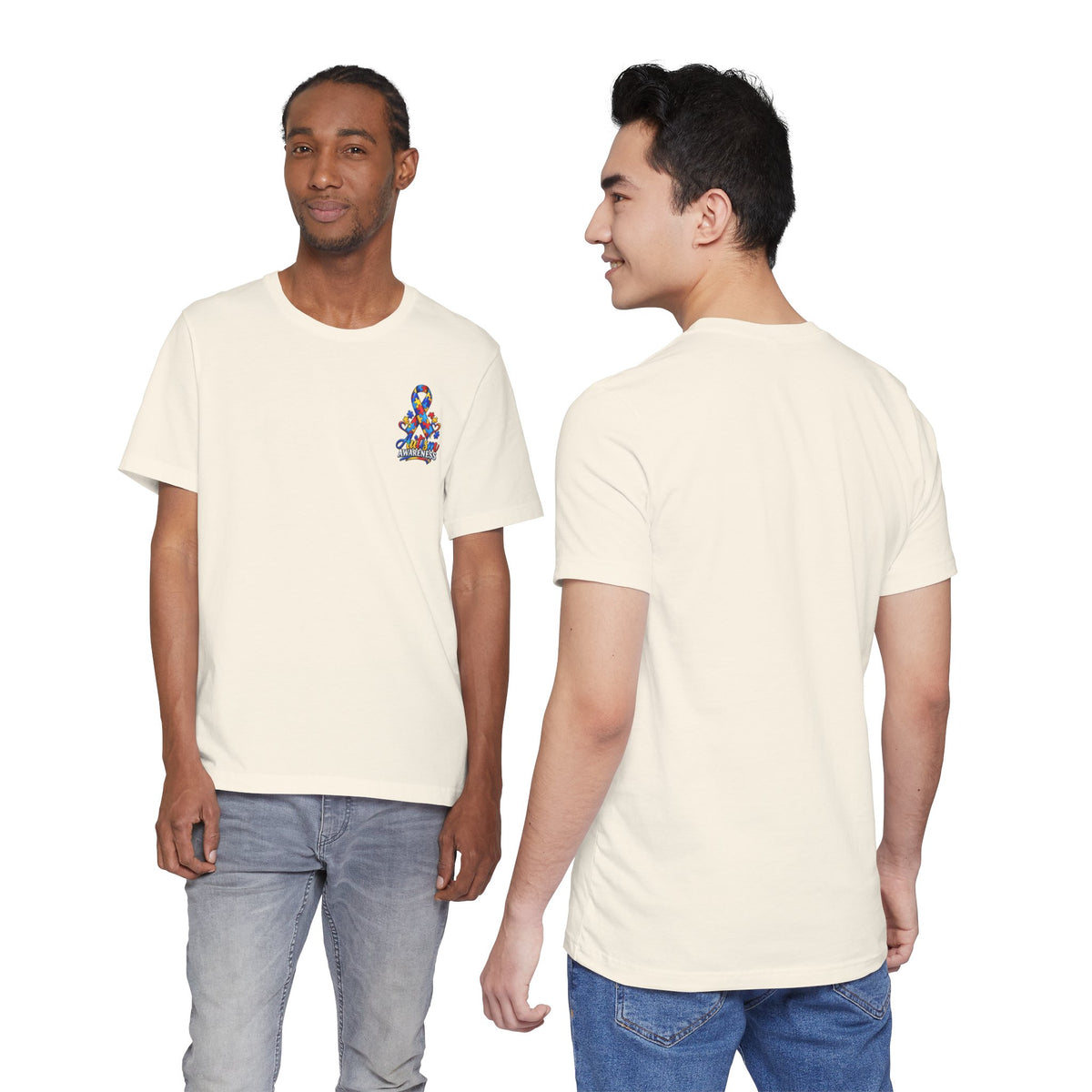 Autism Awareness Ribbon Chest Tee — 'Different, Not Less' Short Sleeve T-Shirt