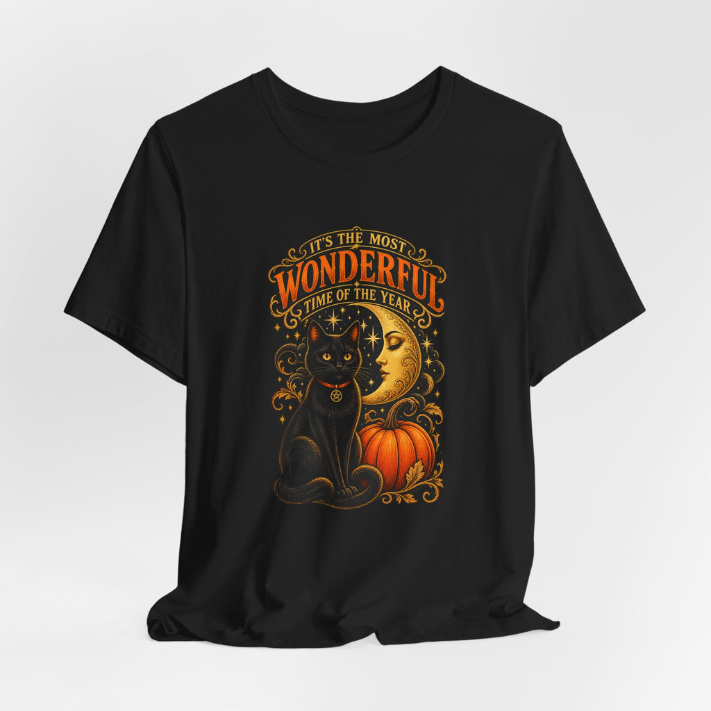 Halloween Cat Tee — "It's the Most Wonderful Time of the Year" Pumpkin & Moon Shirt