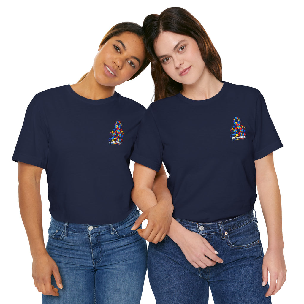 Autism Awareness Ribbon Chest Tee — 'Different, Not Less' Short Sleeve T-Shirt