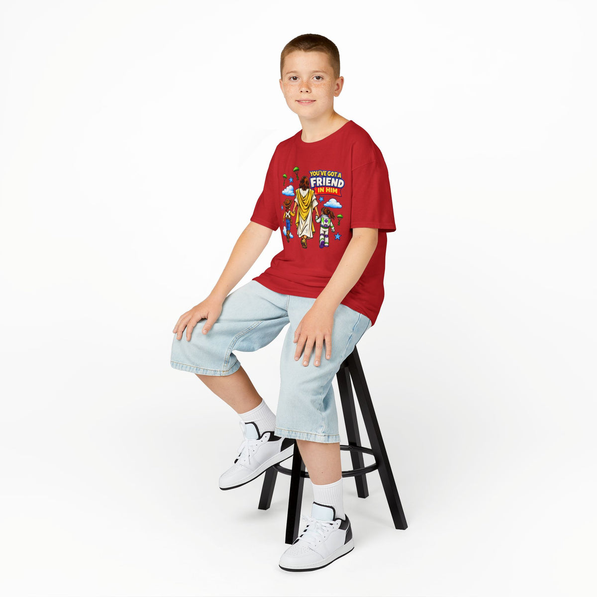 Kids Tee — "You've Gotta Friend in Him" Inspirational Jesus & Toy Friends Graphic