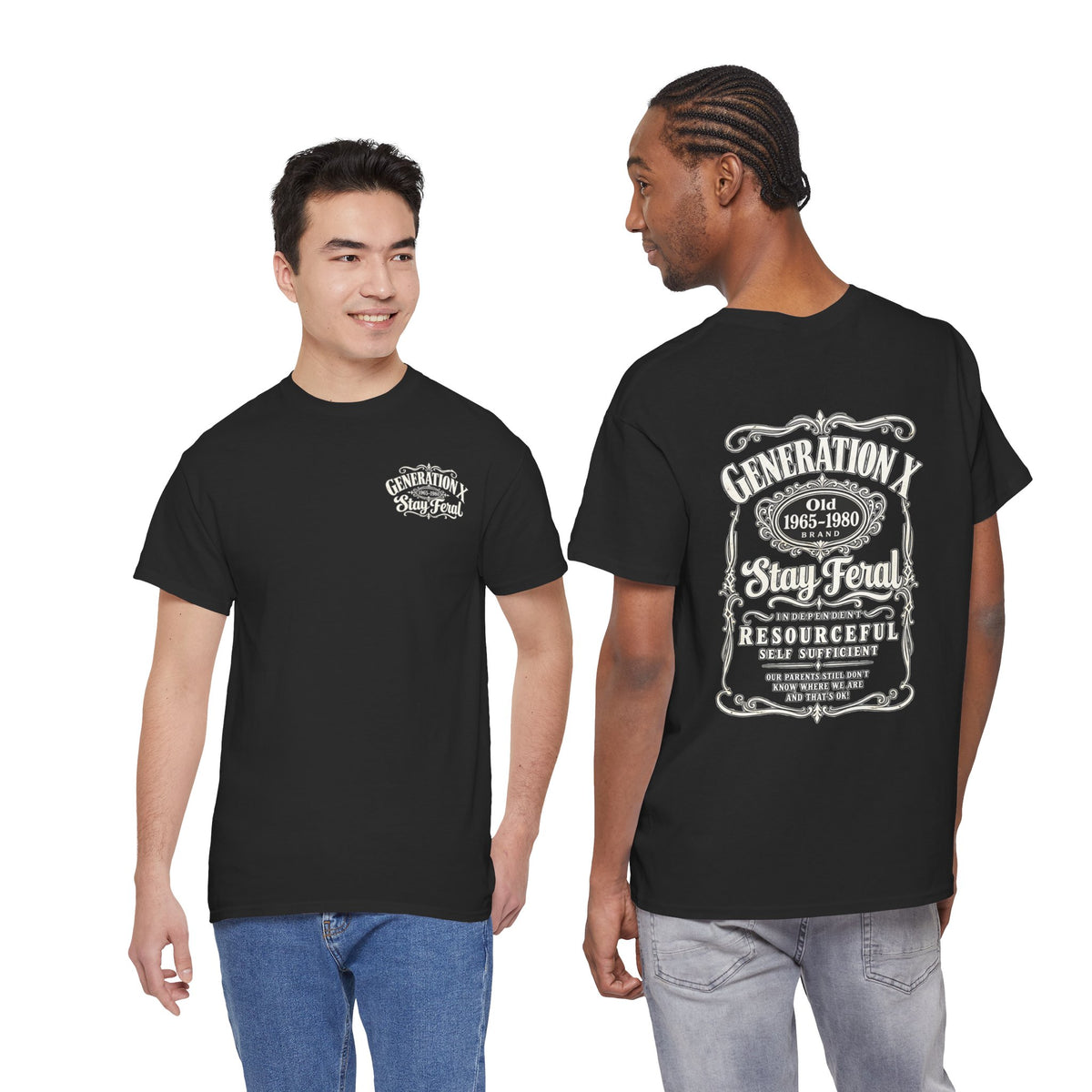Generation X T‑Shirt — 'Stay Feral' Vintage Whiskey Label Tee (Born 1965–1980)