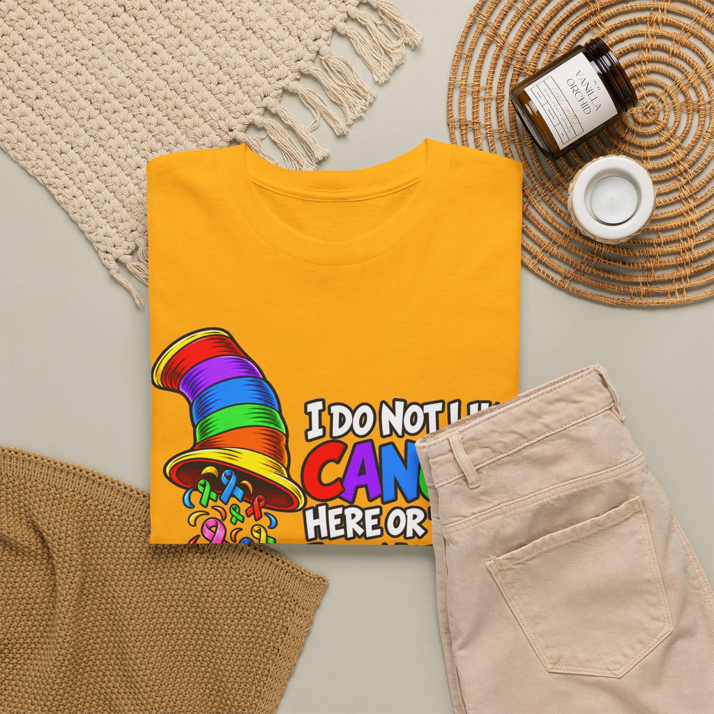 Cancer Awareness T-Shirt — “I Do Not Like Cancer Here or There” Rainbow Ribbon Tee