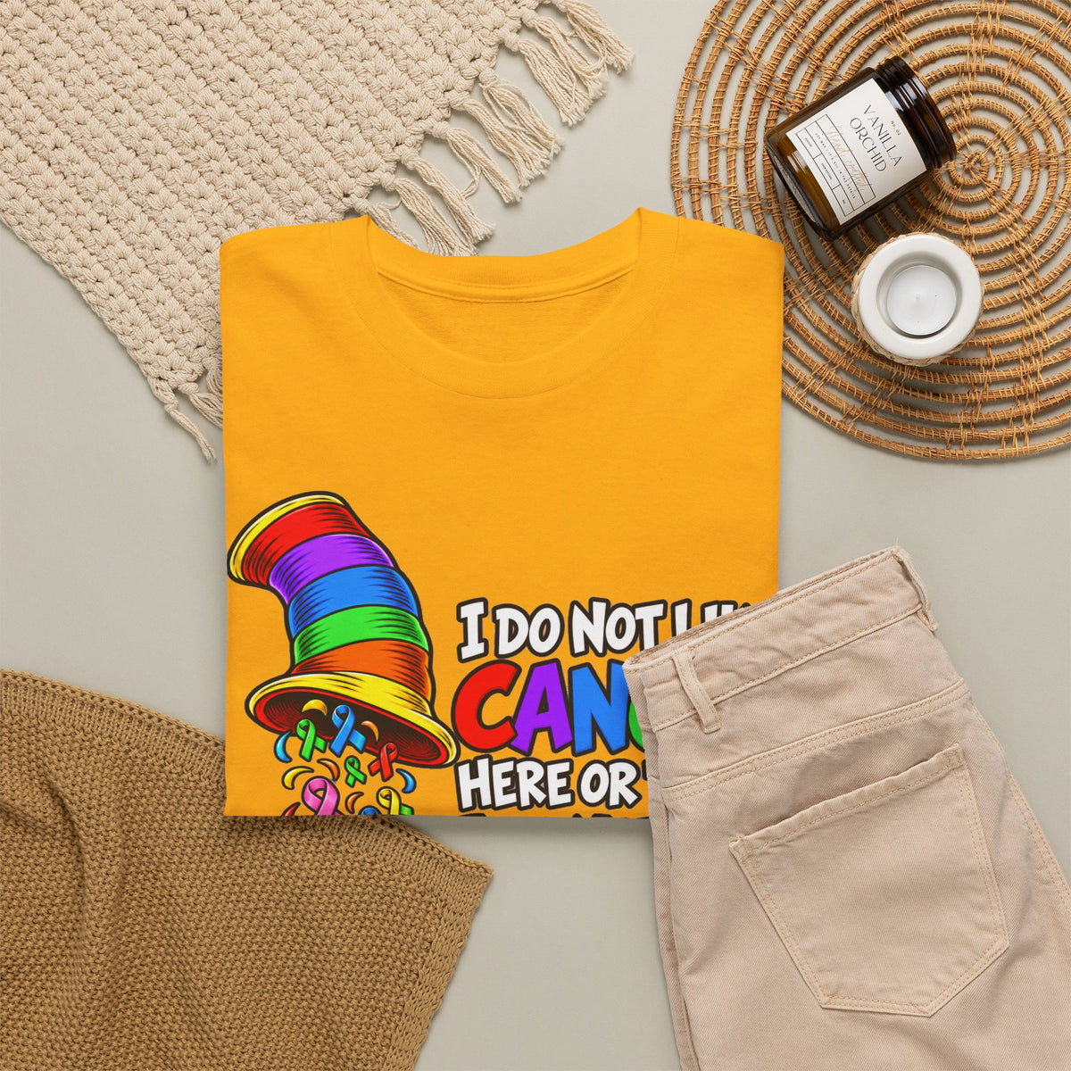 Cancer Awareness T-Shirt — “I Do Not Like Cancer Here or There” Rainbow Ribbon Tee