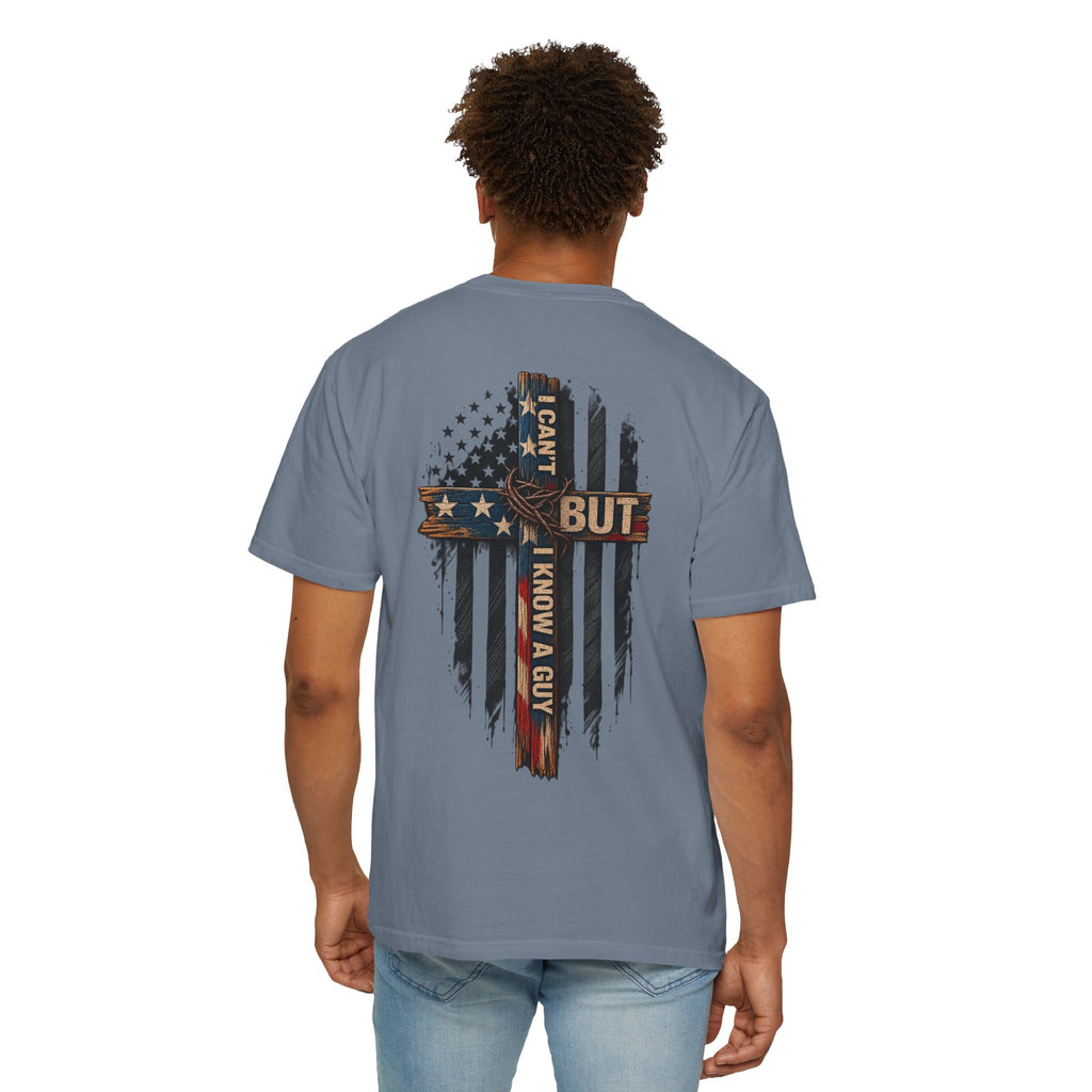 T-Shirt — 'I Can't But I Know A Guy' American Flag Cross Graphic