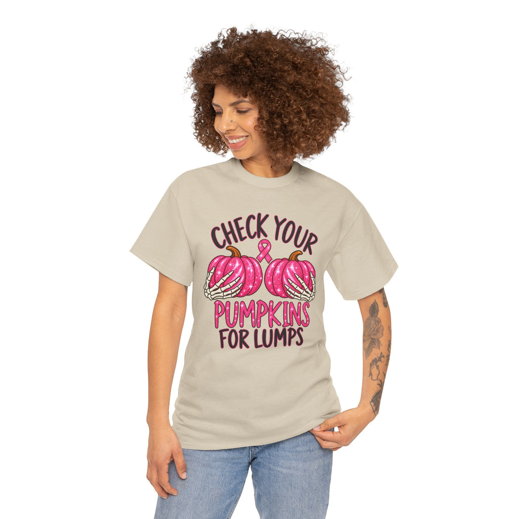Breast Cancer Awareness T-Shirt — "Check Your Pumpkins for Lumps" Pink Ribbon Tee