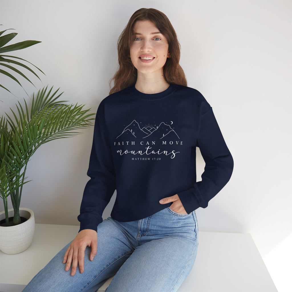 Faith Can Move Mountains Crewneck Sweatshirt — Matthew 17:20 Christian Mountain Design