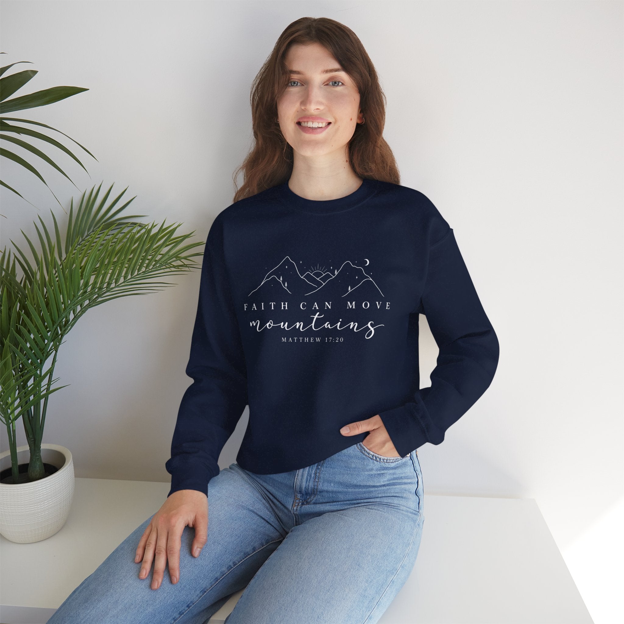 Faith Can Move Mountains Crewneck Sweatshirt — Matthew 17:20 Christian Mountain Design