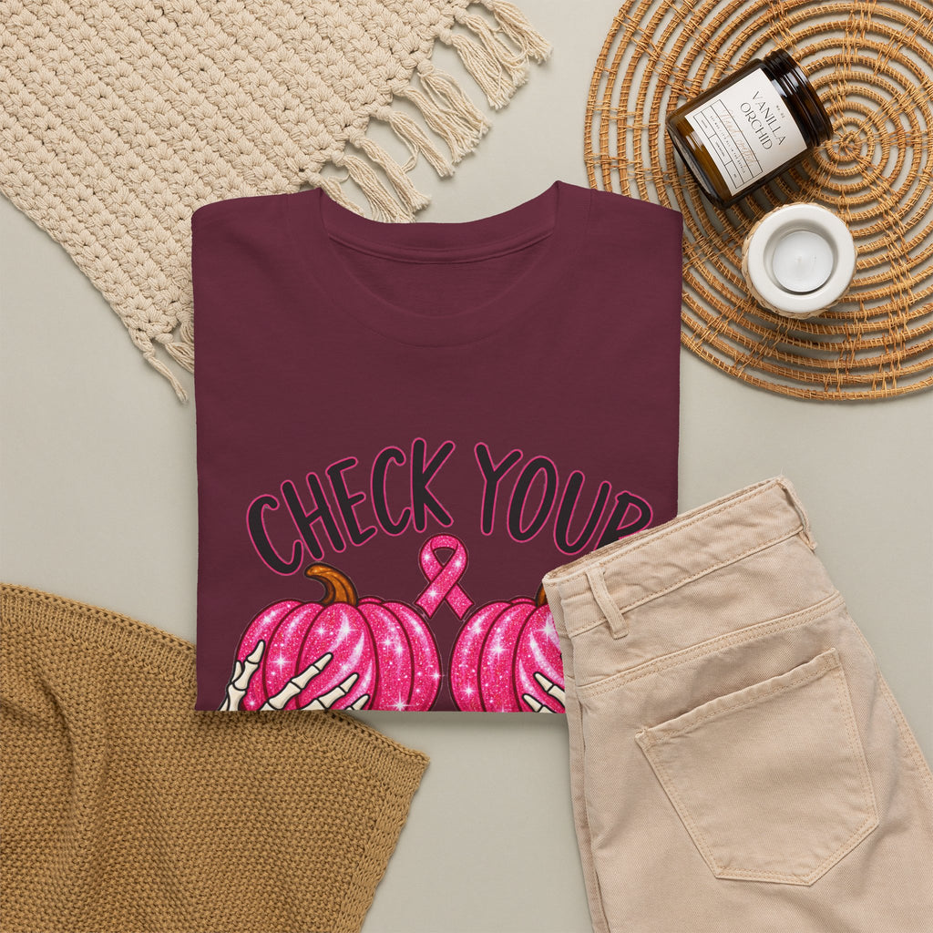 Breast Cancer Awareness T-Shirt — "Check Your Pumpkins for Lumps" Pink Ribbon Tee