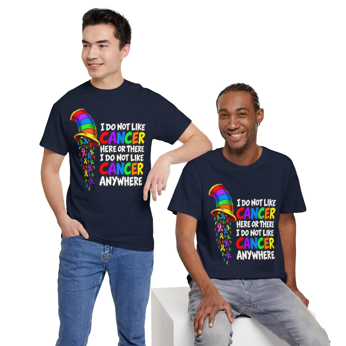 Cancer Awareness T-Shirt — “I Do Not Like Cancer Here or There” Rainbow Ribbon Tee