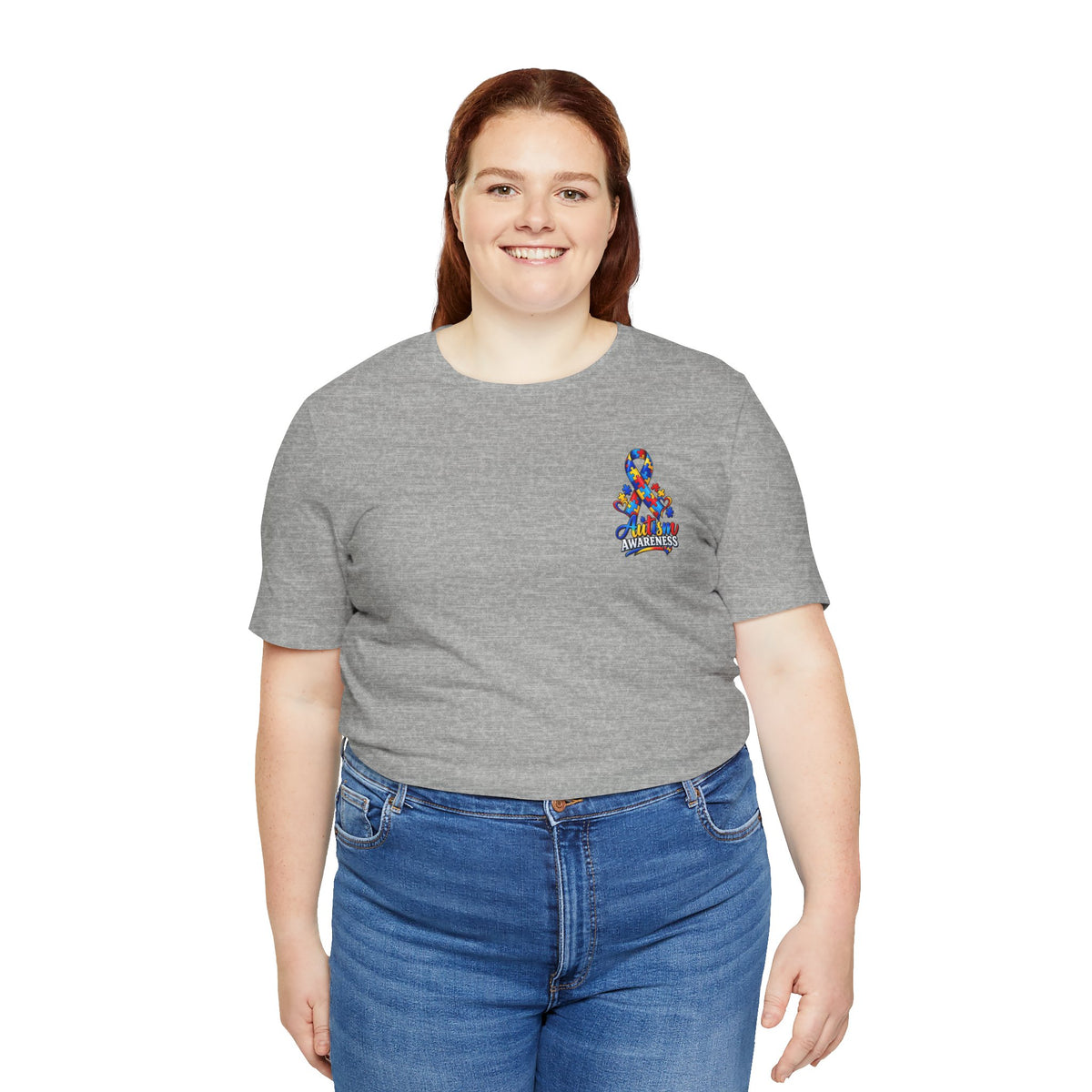 Autism Awareness Ribbon Chest Tee — 'Different, Not Less' Short Sleeve T-Shirt