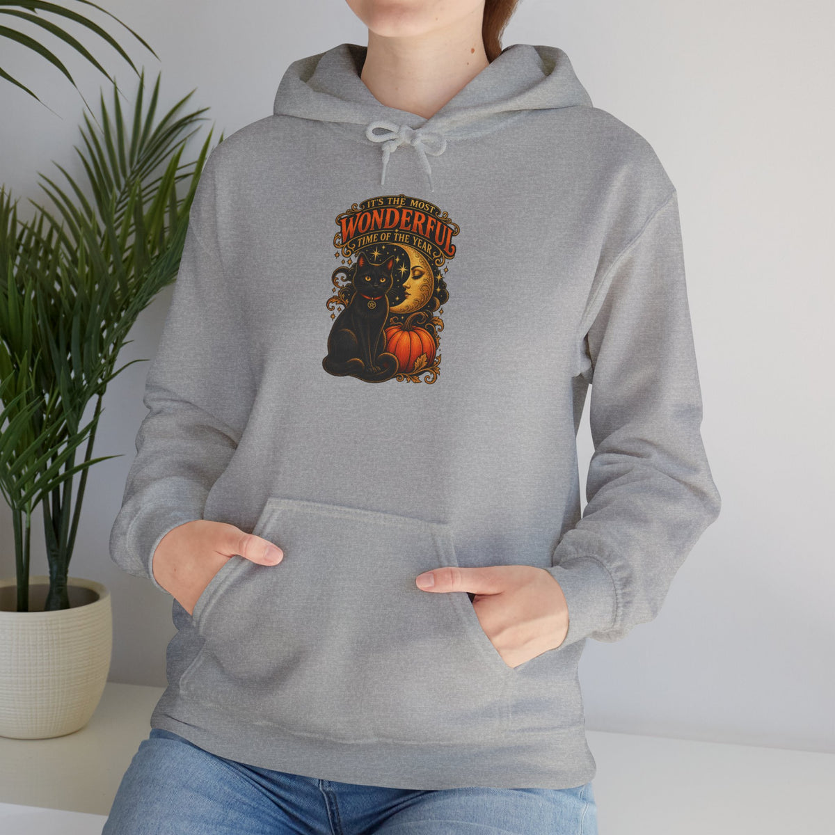 Halloween Black Cat Moon Hoodie – Vintage Pumpkin & Crescent Moon Fall Sweatshirt