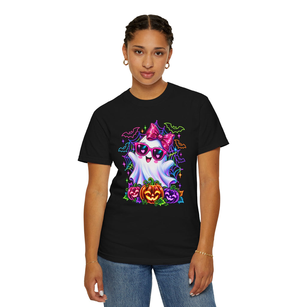 Cute Halloween Ghost T-Shirt — Pink Bow Ghost with Sunglasses & Pumpkins
