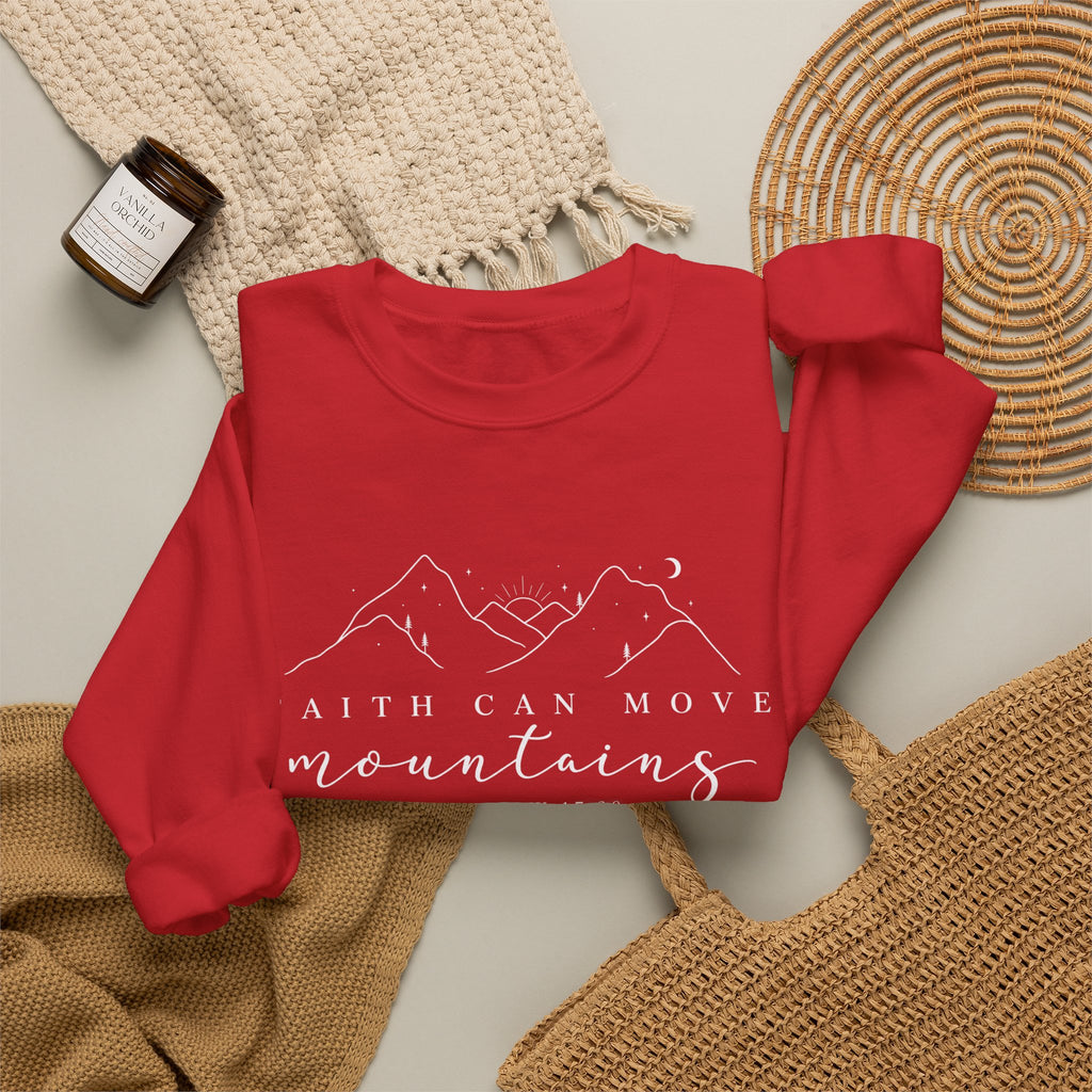 Faith Can Move Mountains Crewneck Sweatshirt — Matthew 17:20 Christian Mountain Design