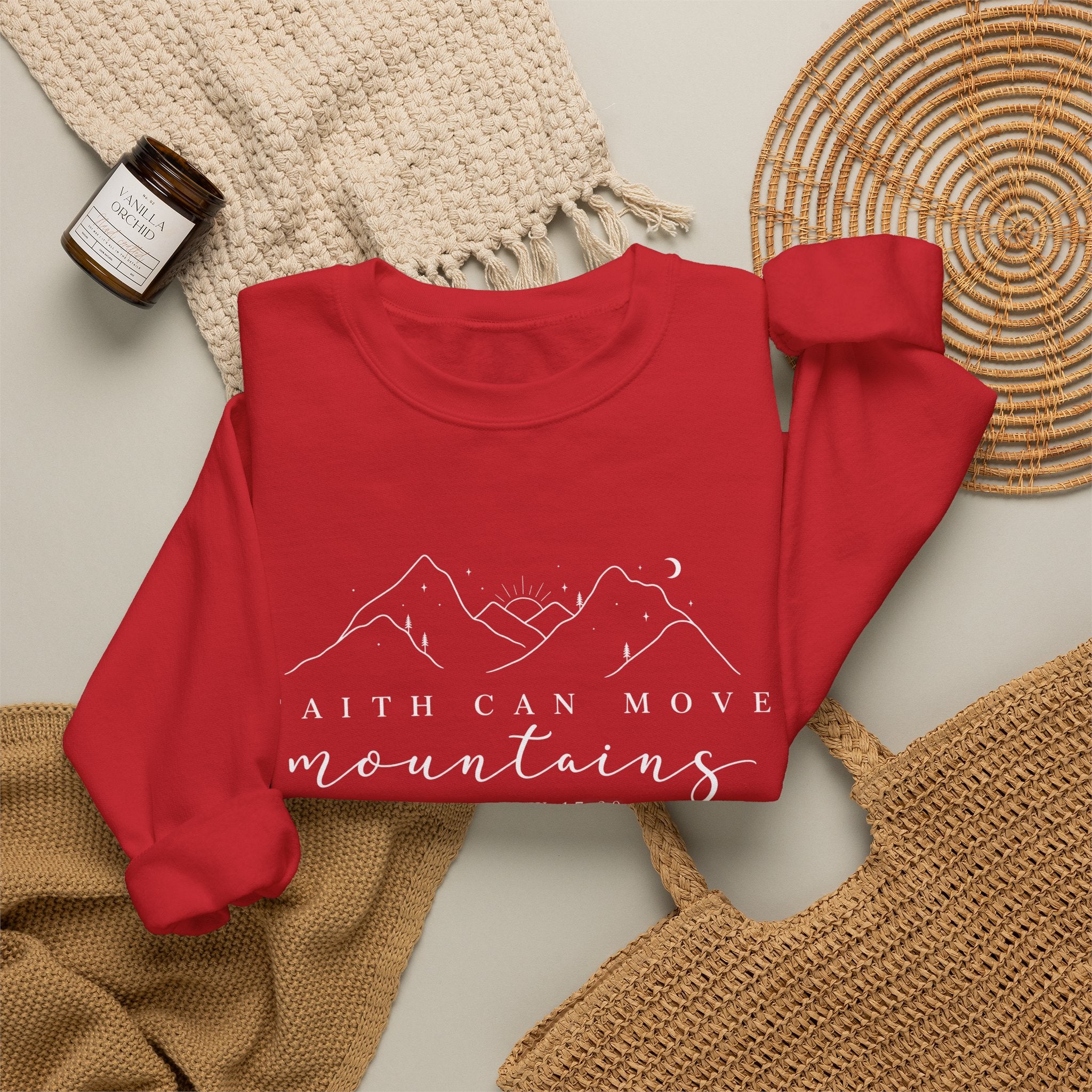 Faith Can Move Mountains Crewneck Sweatshirt — Matthew 17:20 Christian Mountain Design