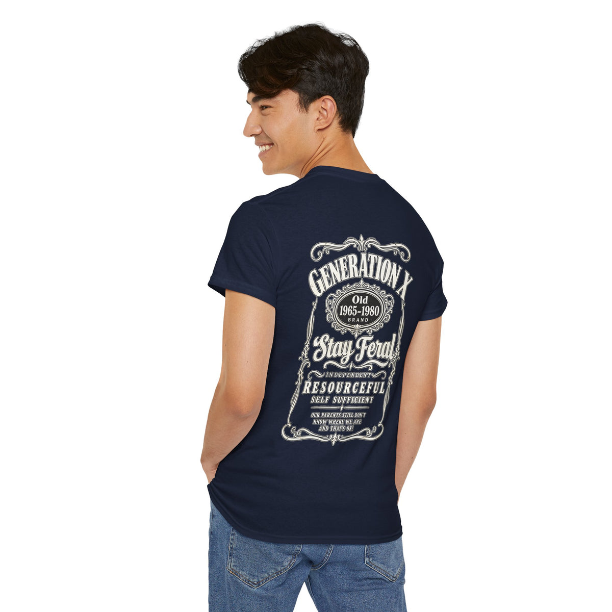Generation X T‑Shirt — 'Stay Feral' Vintage Whiskey Label Tee (Born 1965–1980)