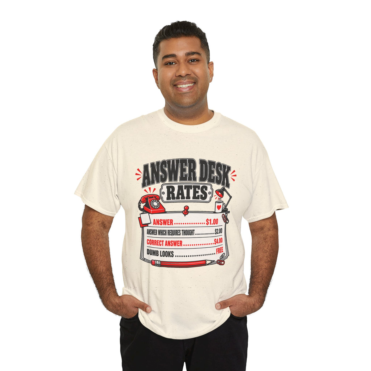 Answer Desk Rates T-Shirt — Funny Help Desk IT Support Tee ("Answer 1.00, Correct Answer 4.00")