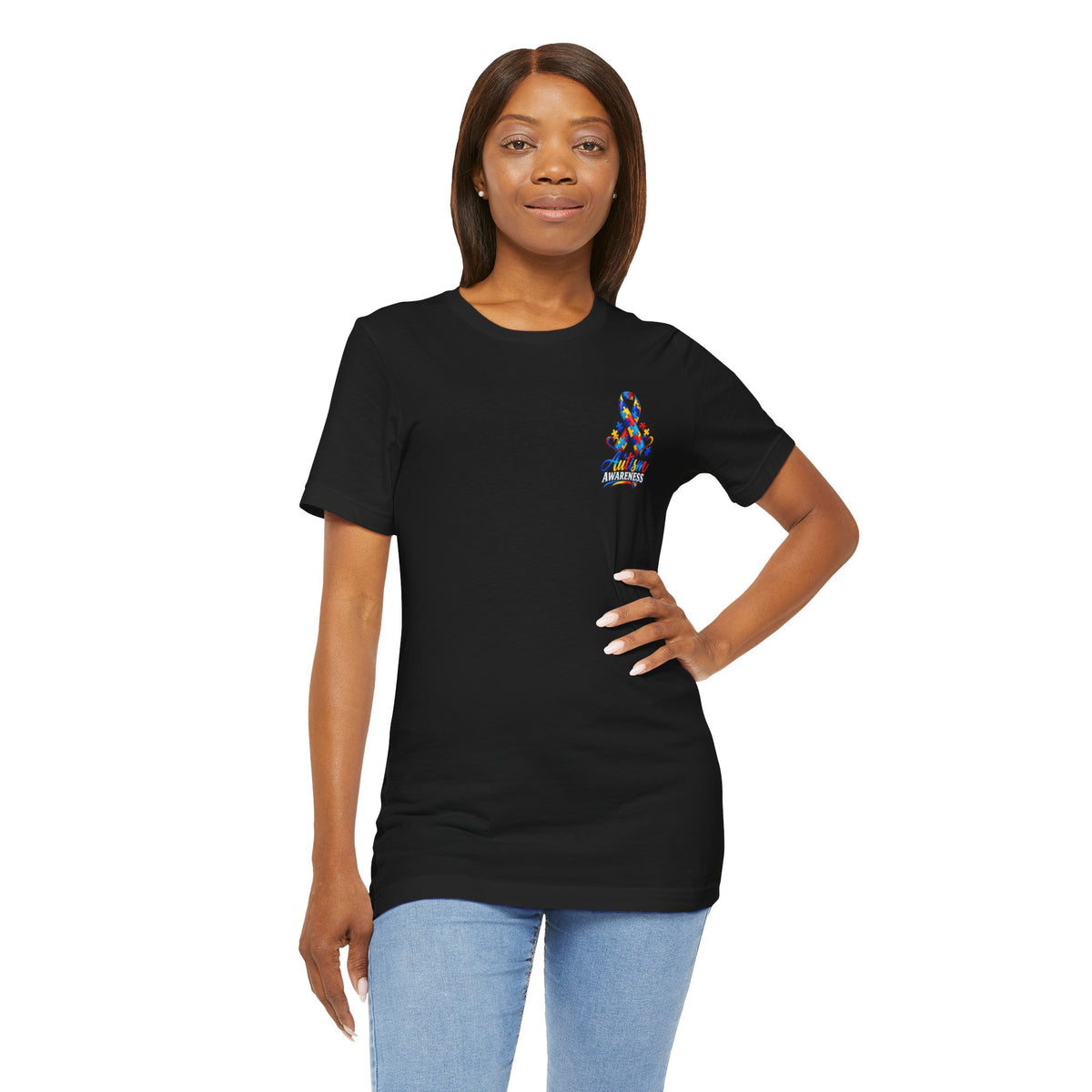 Autism Awareness Ribbon Chest Tee — 'Different, Not Less' Short Sleeve T-Shirt