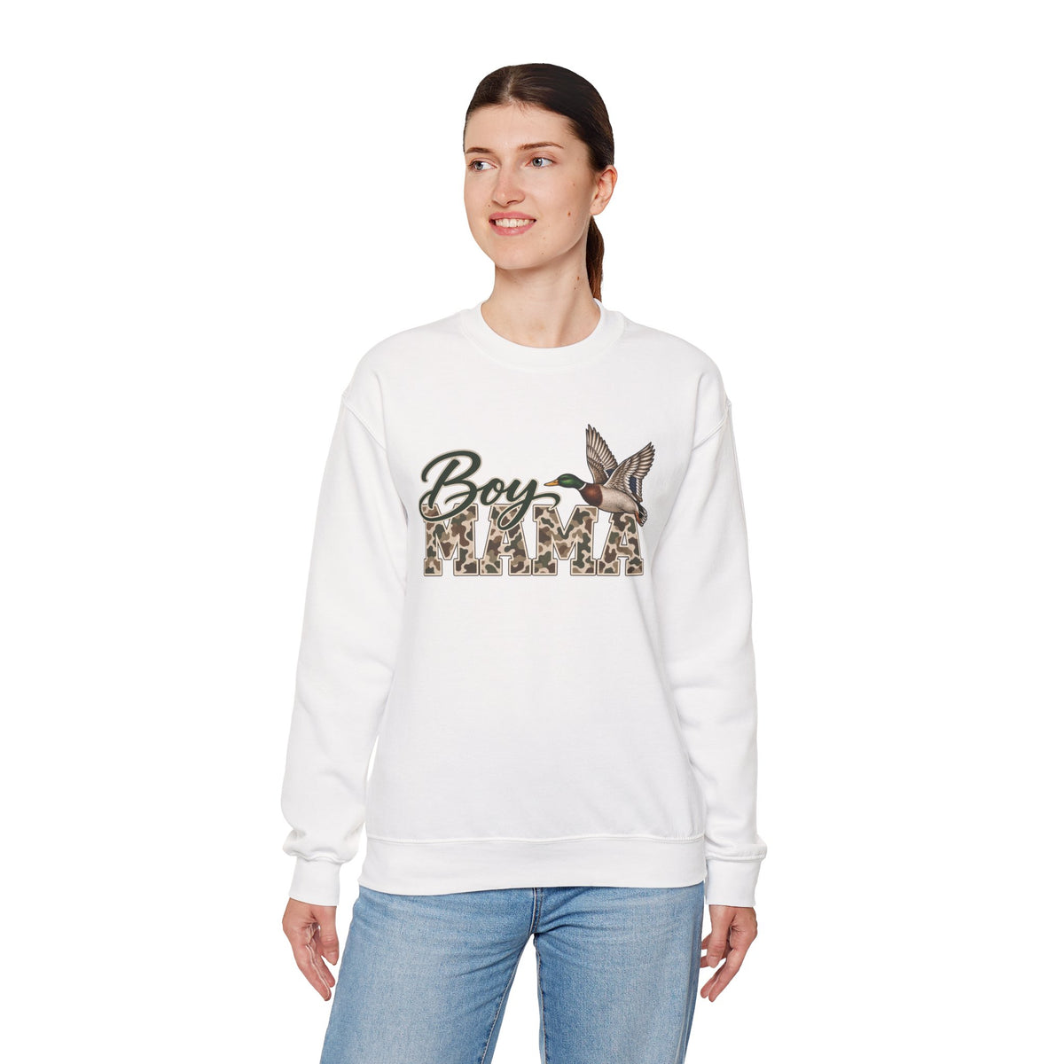 Boy Mama Crewneck Sweatshirt — Camo Lettering with Flying Duck