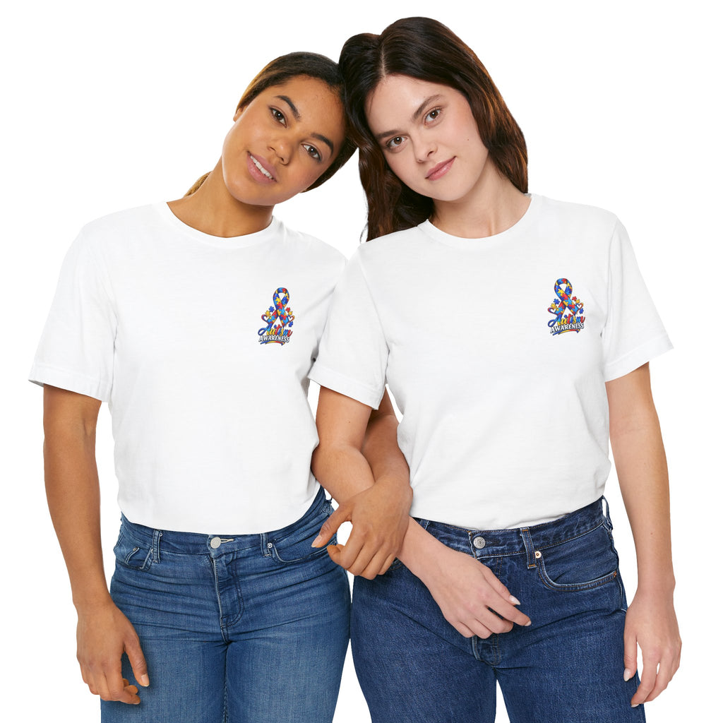 Autism Awareness Ribbon Chest Tee — 'Different, Not Less' Short Sleeve T-Shirt