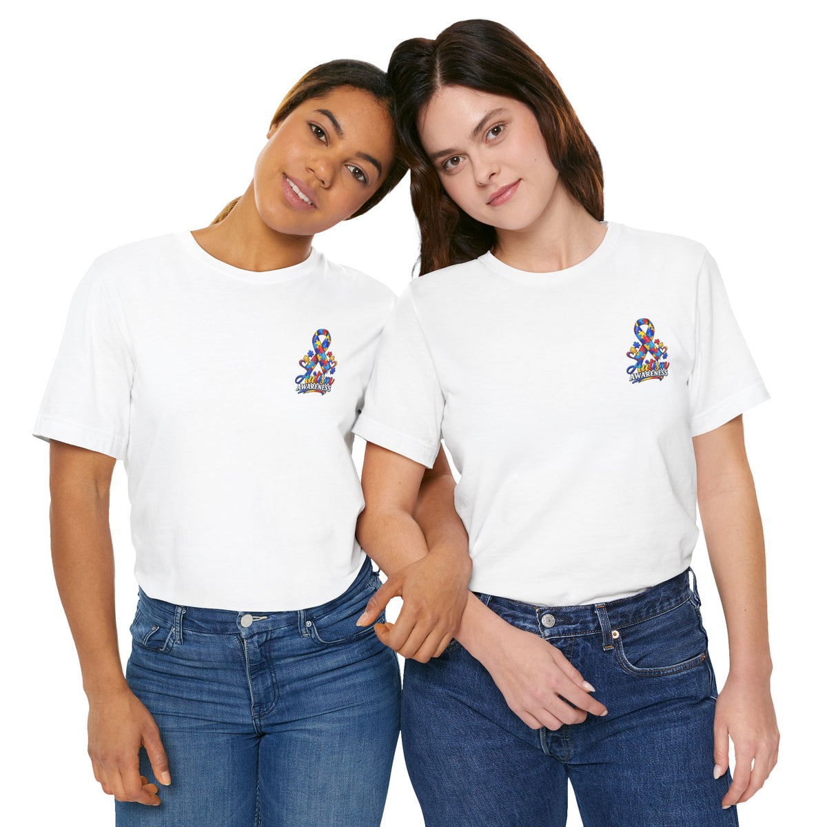 Autism Awareness Ribbon Chest Tee — 'Different, Not Less' Short Sleeve T-Shirt