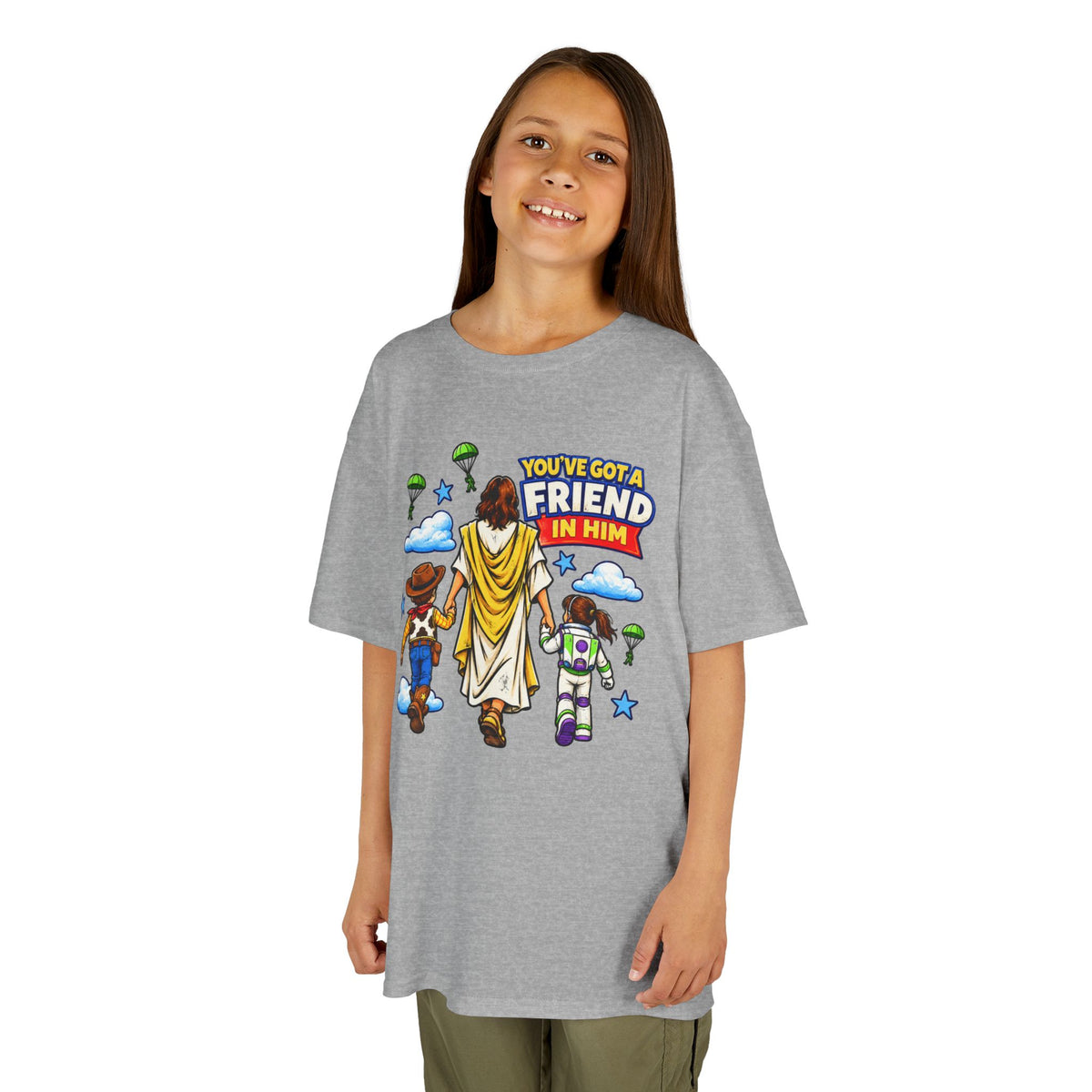 Kids Tee — "You've Gotta Friend in Him" Inspirational Jesus & Toy Friends Graphic