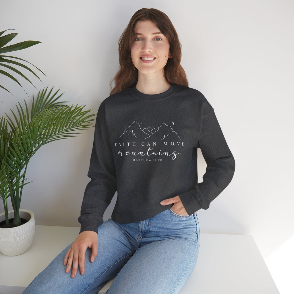 Faith Can Move Mountains Crewneck Sweatshirt — Matthew 17:20 Christian Mountain Design