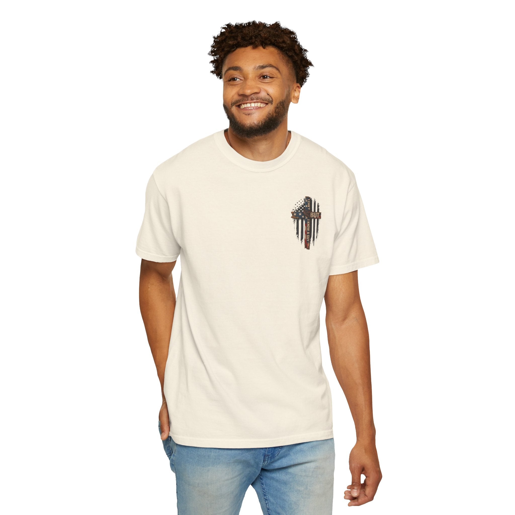 T-Shirt — 'I Can't But I Know A Guy' American Flag Cross Graphic