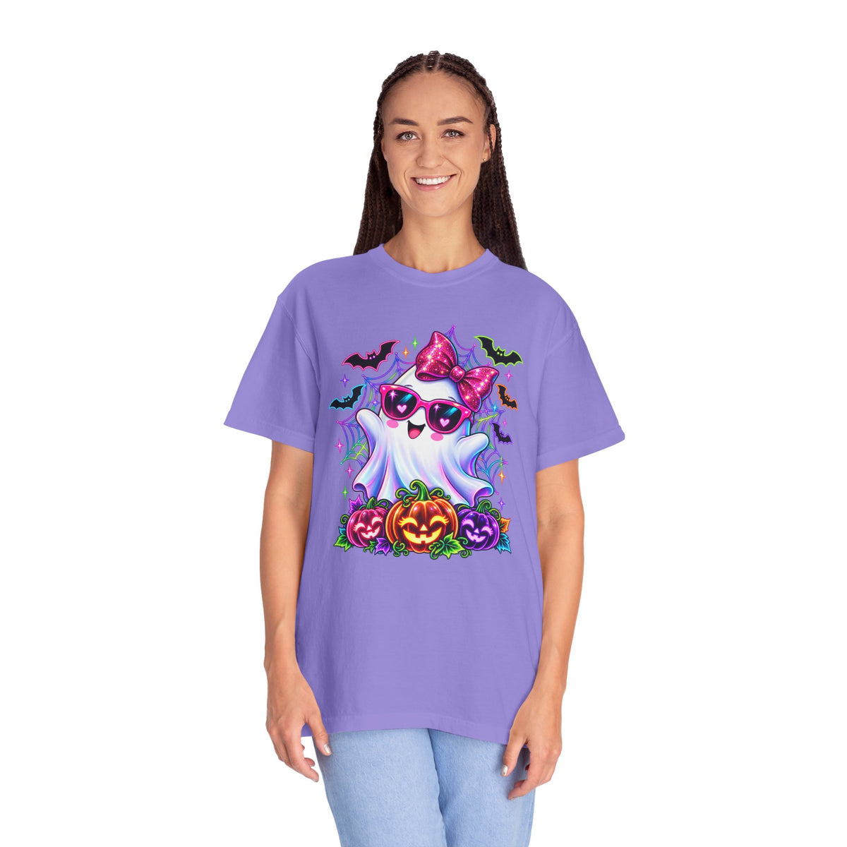 Cute Halloween Ghost T-Shirt — Pink Bow Ghost with Sunglasses & Pumpkins