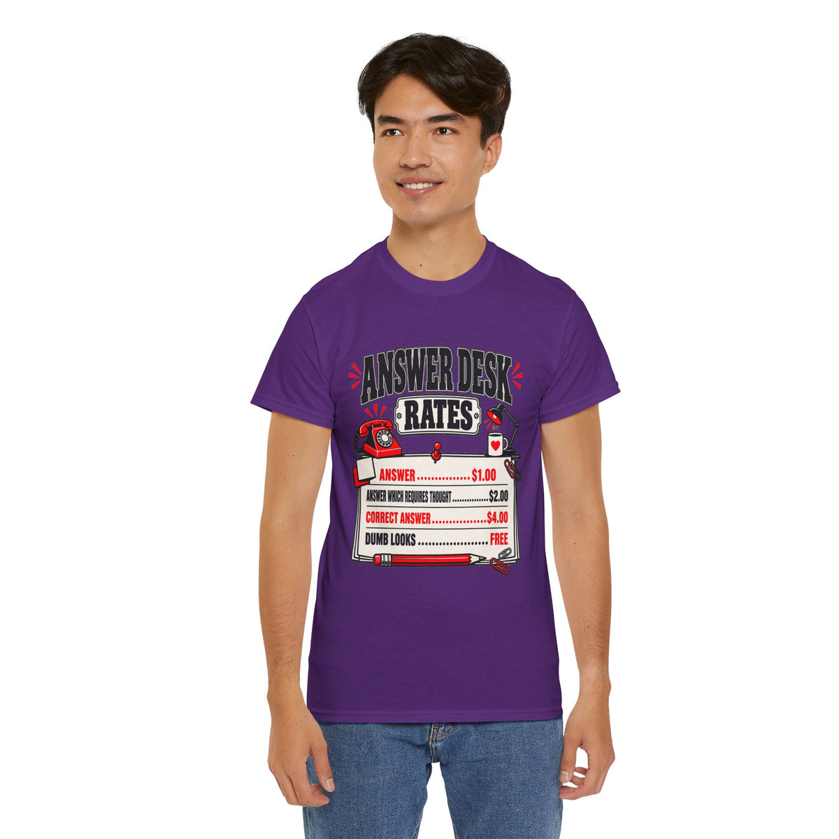 Answer Desk Rates T-Shirt — Funny Help Desk IT Support Tee ("Answer 1.00, Correct Answer 4.00")