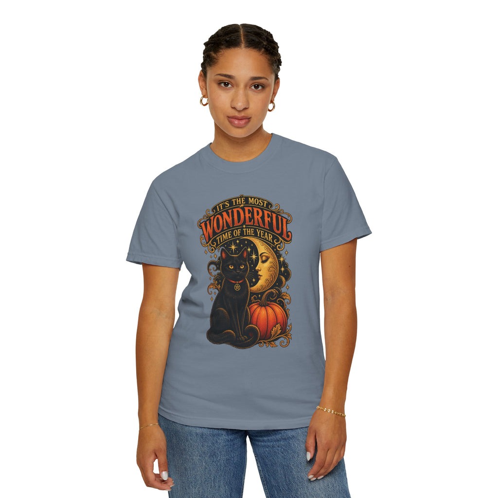 T-Shirt — "It's the Most Wonderful Time of the Year" Halloween Black Cat & Pumpkin