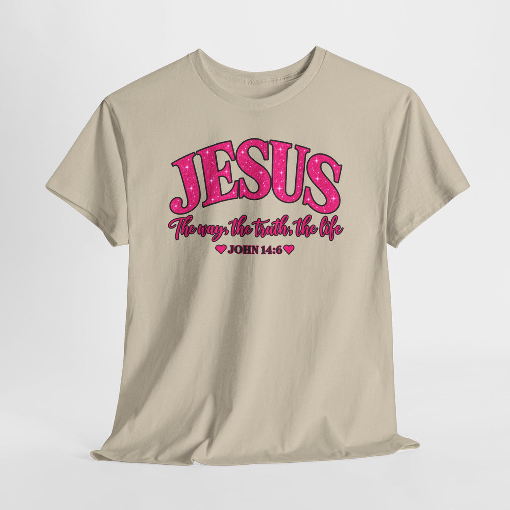 Christian T-Shirt — "JESUS The way, the truth, the life" (John 14:6) Pink Vintage Script