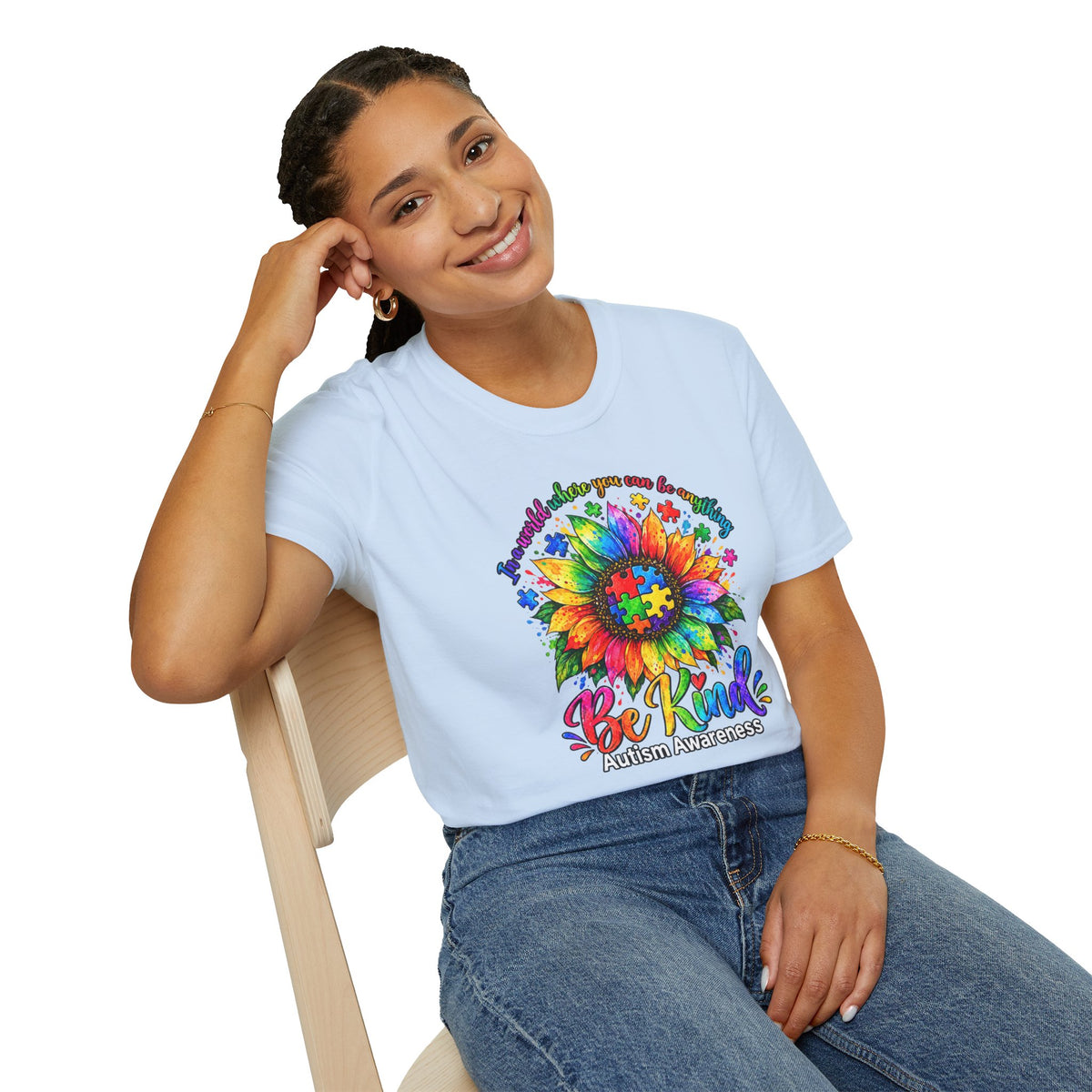Autism Awareness Sunflower T-Shirt — 'Be Kind' Rainbow Puzzle Design