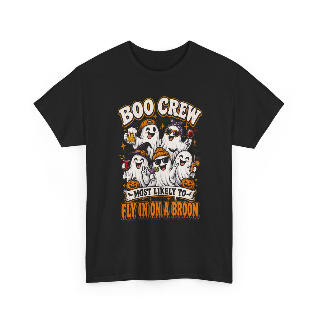 Boo Crew T-Shirt — “Most Likely to Fly on a Broom” Halloween Ghost Tee