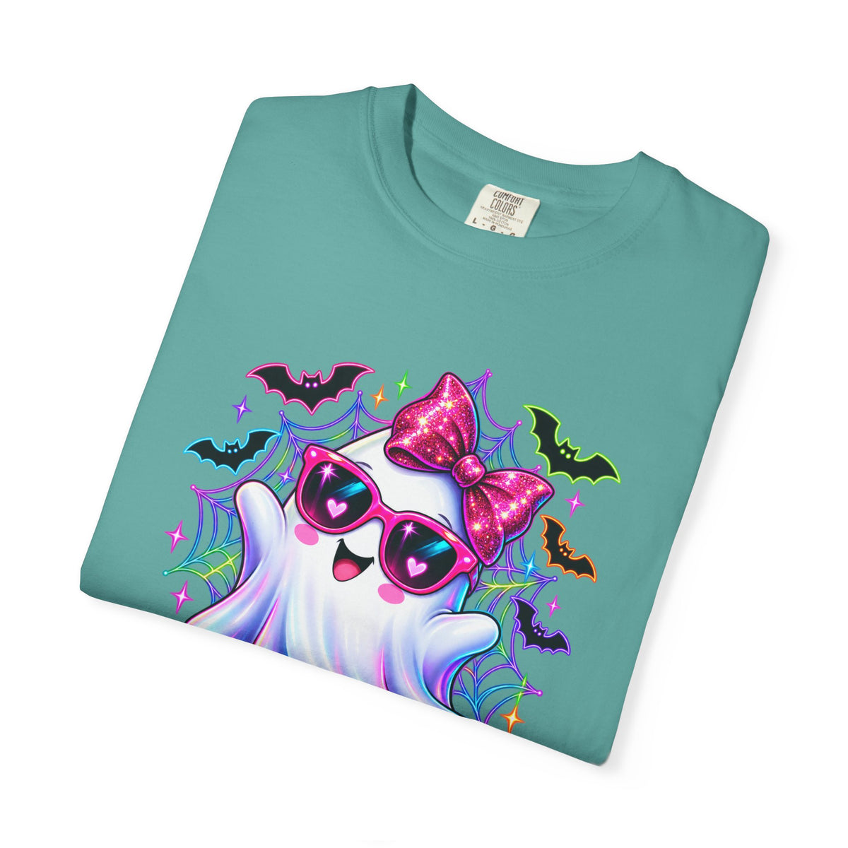 Cute Halloween Ghost T-Shirt — Pink Bow Ghost with Sunglasses & Pumpkins