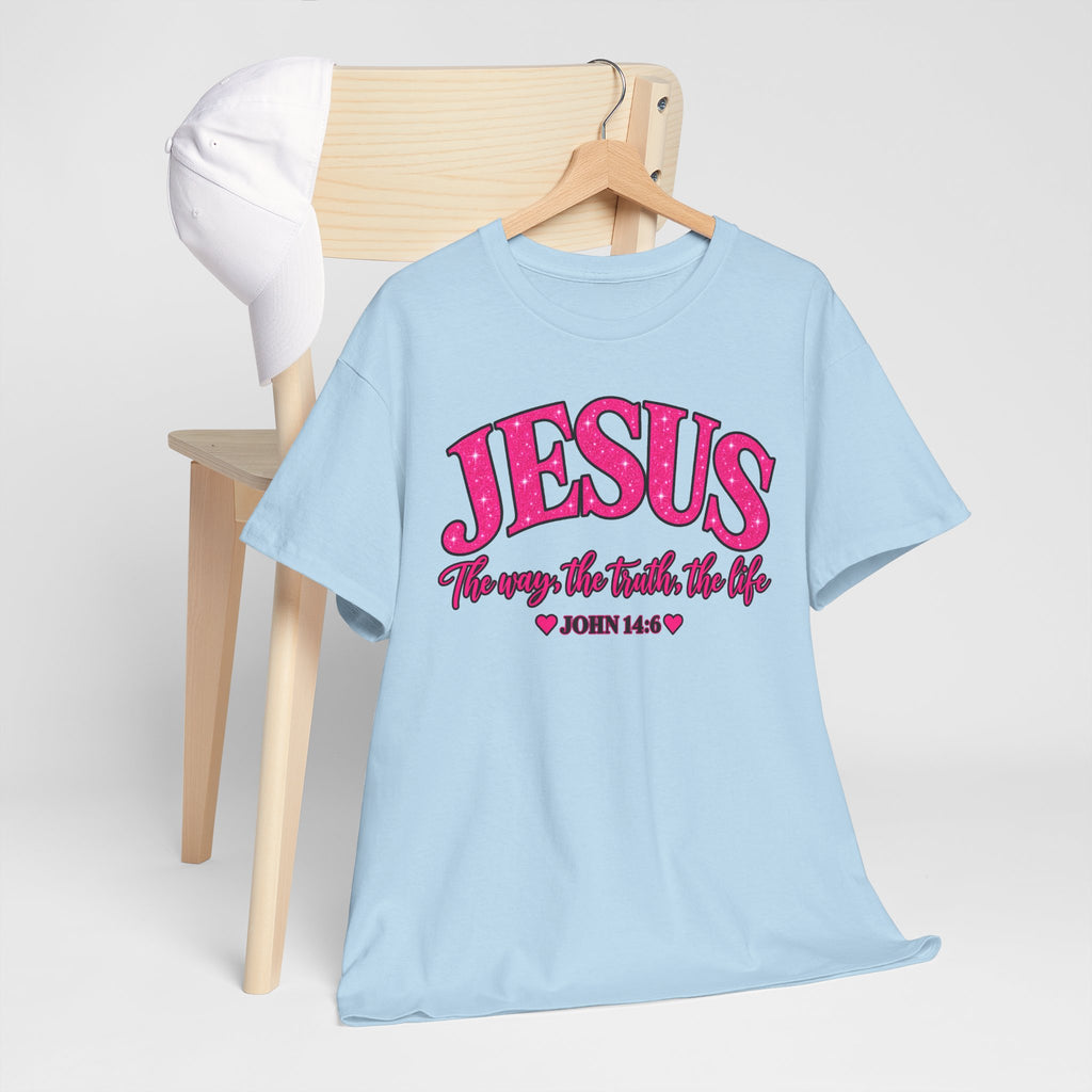Christian T-Shirt — "JESUS The way, the truth, the life" (John 14:6) Pink Vintage Script