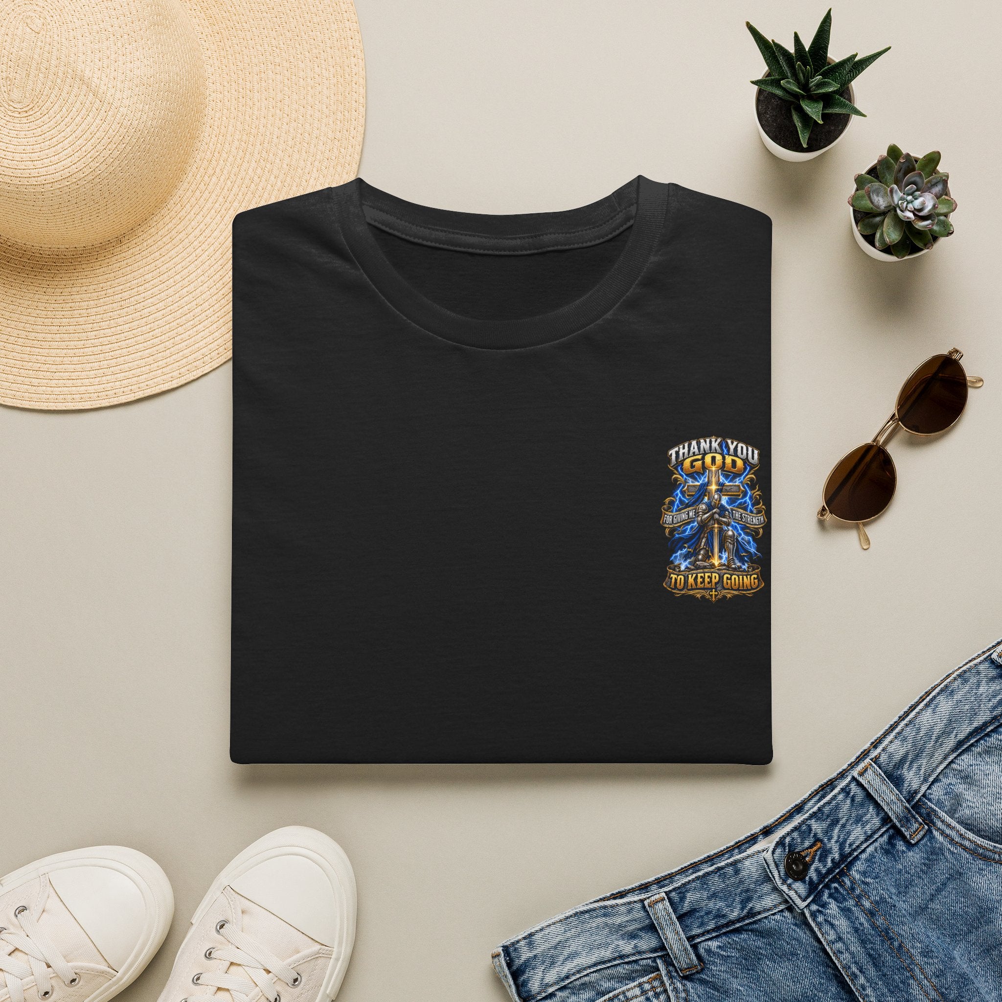 T-Shirt — "Thank You God I Keep Going" Faith Graphic Pocket Tee
