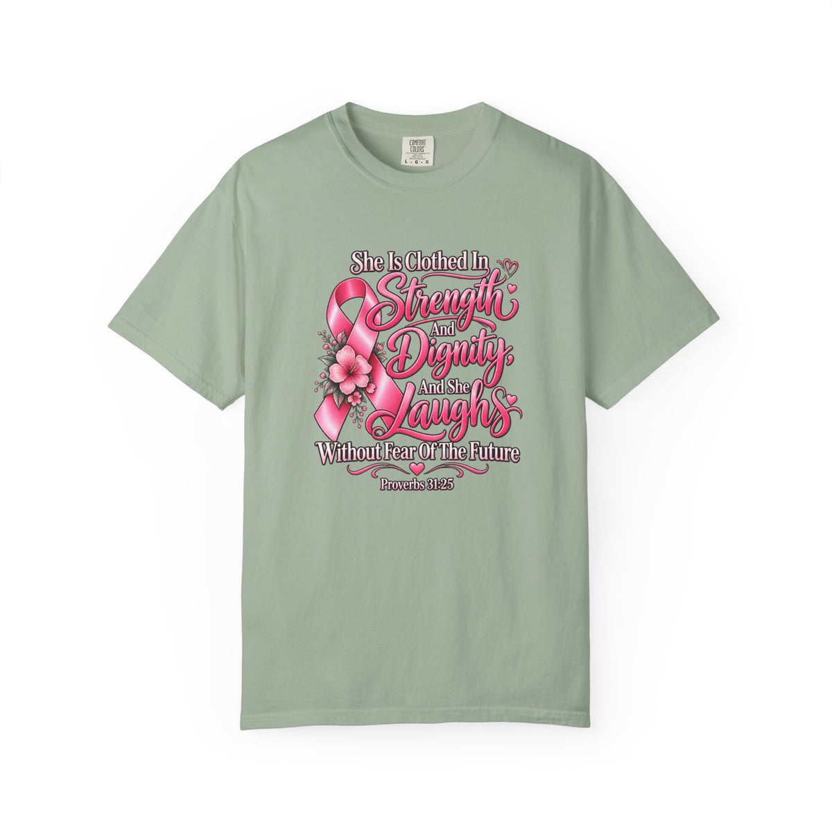Breast Cancer Awareness T-Shirt — "She is Clothed in Strength" Pink Ribbon Tee