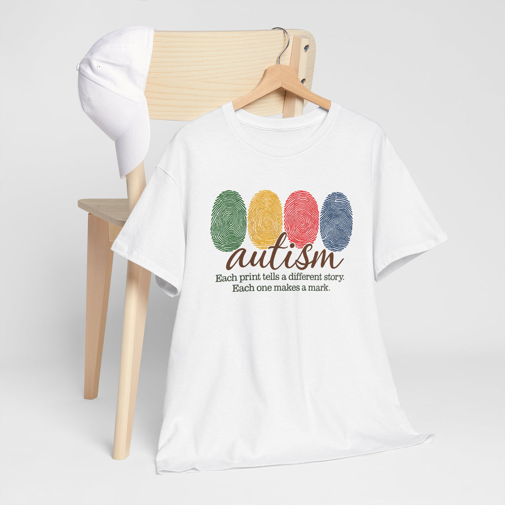 Autism Awareness T-Shirt — "Each Print Tells a Different Story" Colorful Fingerprint Tee