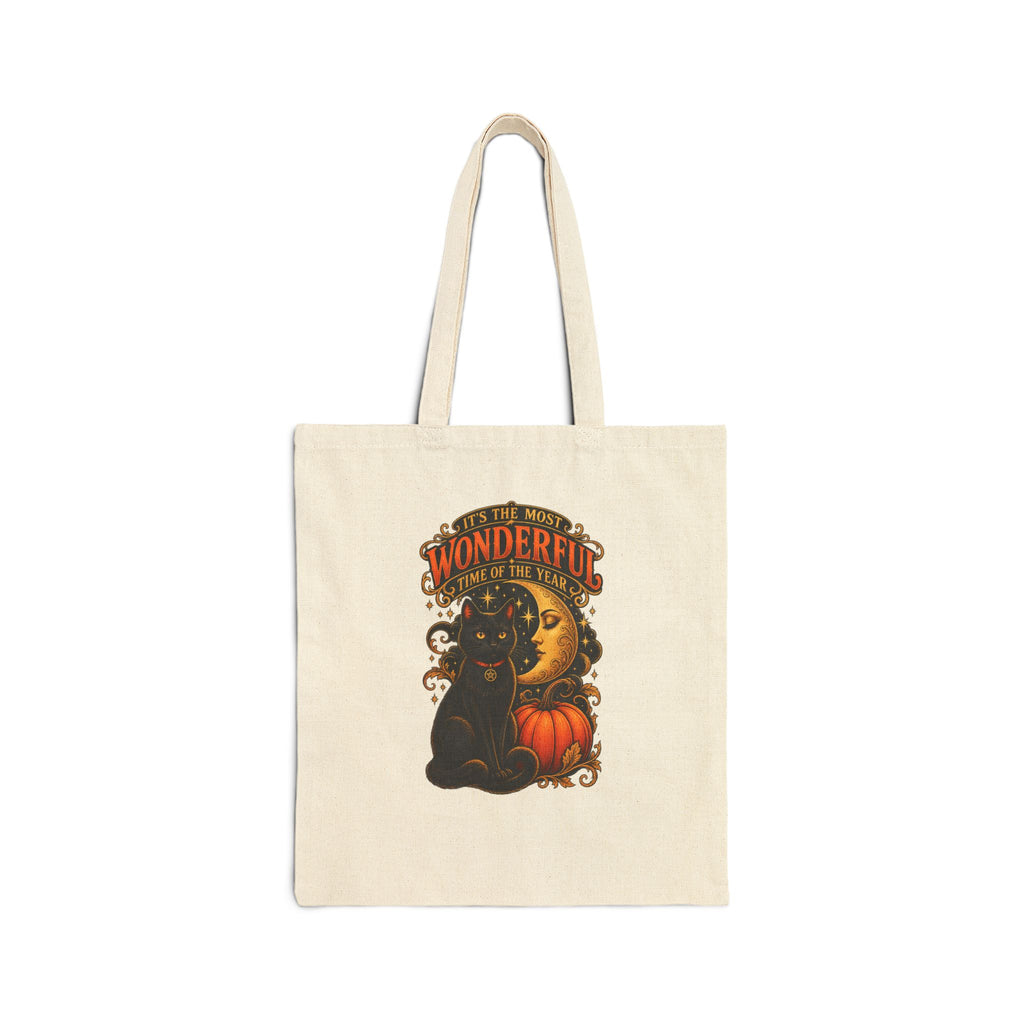 Tote Bag — Vintage Halloween Black Cat & Moon Pumpkin “Most Wonderful Time” Canvas Tote