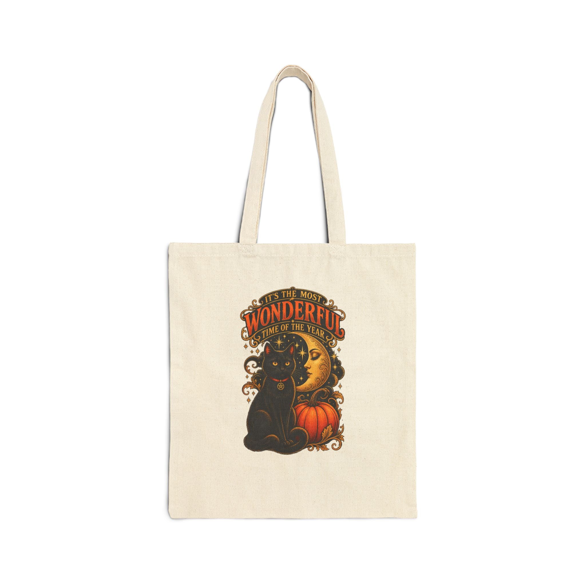 Tote Bag — Vintage Halloween Black Cat & Moon Pumpkin “Most Wonderful Time” Canvas Tote