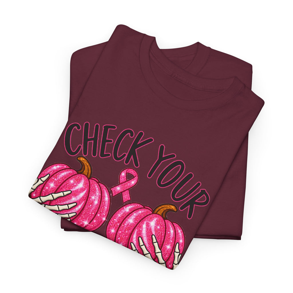 Breast Cancer Awareness T-Shirt — "Check Your Pumpkins for Lumps" Pink Ribbon Tee