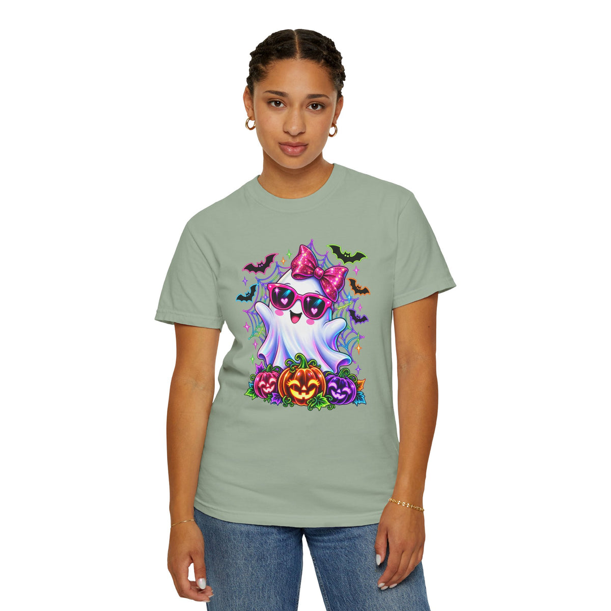 Cute Halloween Ghost T-Shirt — Pink Bow Ghost with Sunglasses & Pumpkins