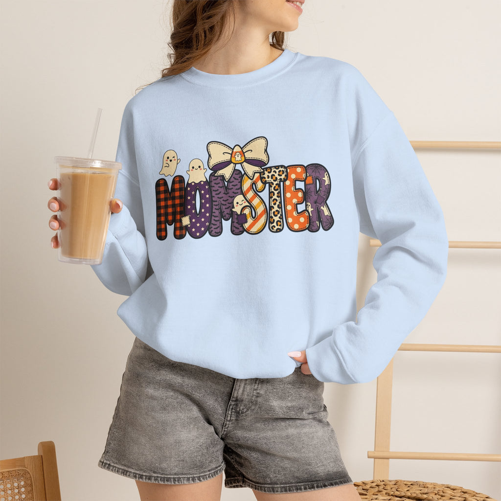 Momster Halloween Sweater | Momster Crewneck Sweatshirt, Halloween mom, purple orange spooky lettering