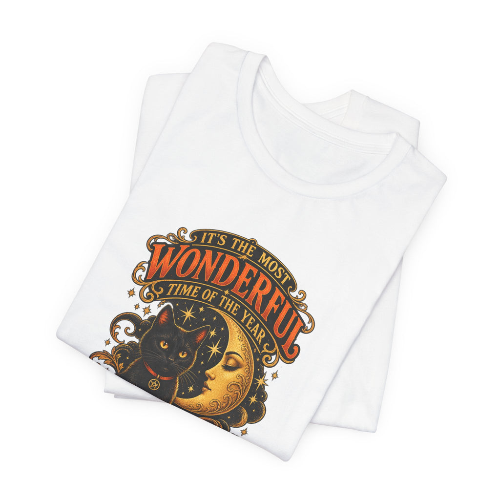 Halloween Cat Tee — "It's the Most Wonderful Time of the Year" Pumpkin & Moon Shirt