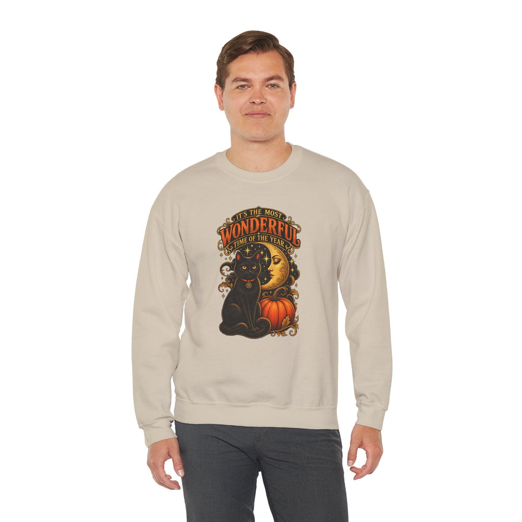 Vintage Halloween Sweatshirt - "It's the Most Wonderful Time of the Year" Black Cat & Moon Design