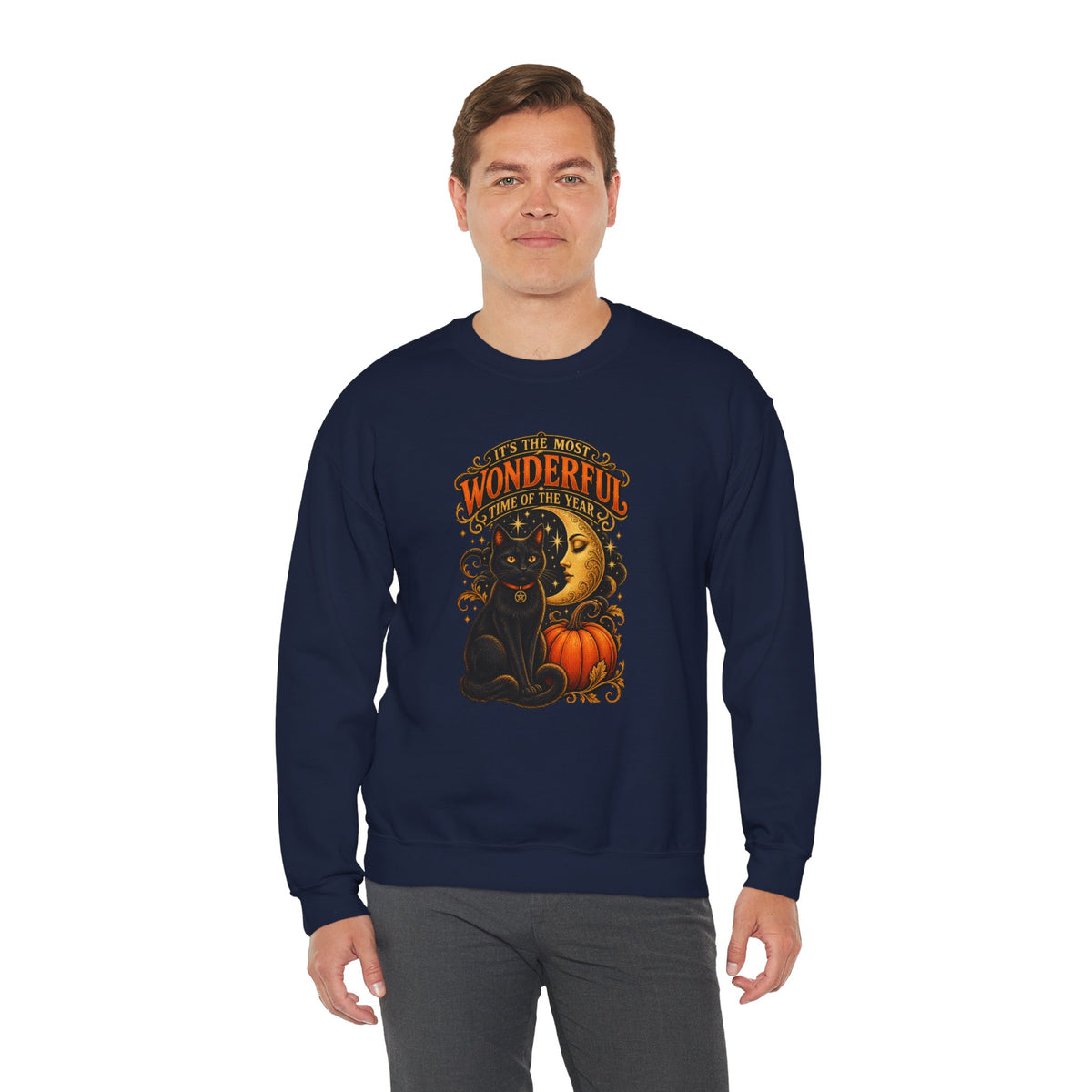 Vintage Halloween Sweatshirt - "It's the Most Wonderful Time of the Year" Black Cat & Moon Design