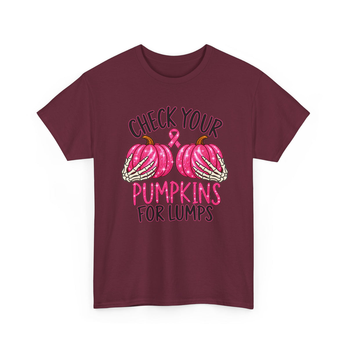 Breast Cancer Awareness T-Shirt — "Check Your Pumpkins for Lumps" Pink Ribbon Tee