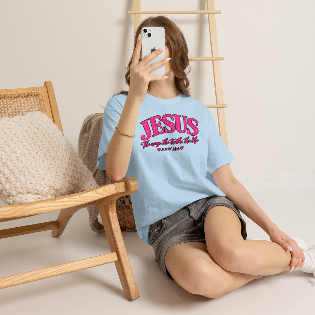 Christian T-Shirt — "JESUS The way, the truth, the life" (John 14:6) Pink Vintage Script